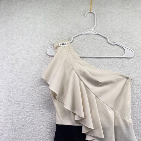 Belle Badgley Mischka One Shoulder Dress Size 4 White Black Color Block Ruffle - Picture 2 of 10